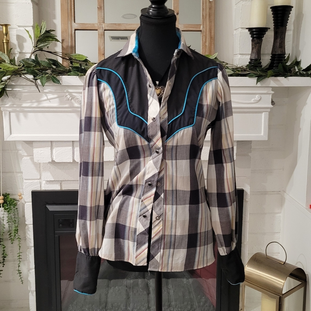 Vintage 80’s Kenny Rogers Plaid western pearl snap Puff Sleeves Top Size 7/9